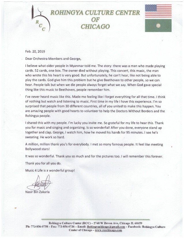 Rohingya Culture Center Carnegie Hall Thank You Letter from Nasir Bin Zakaria