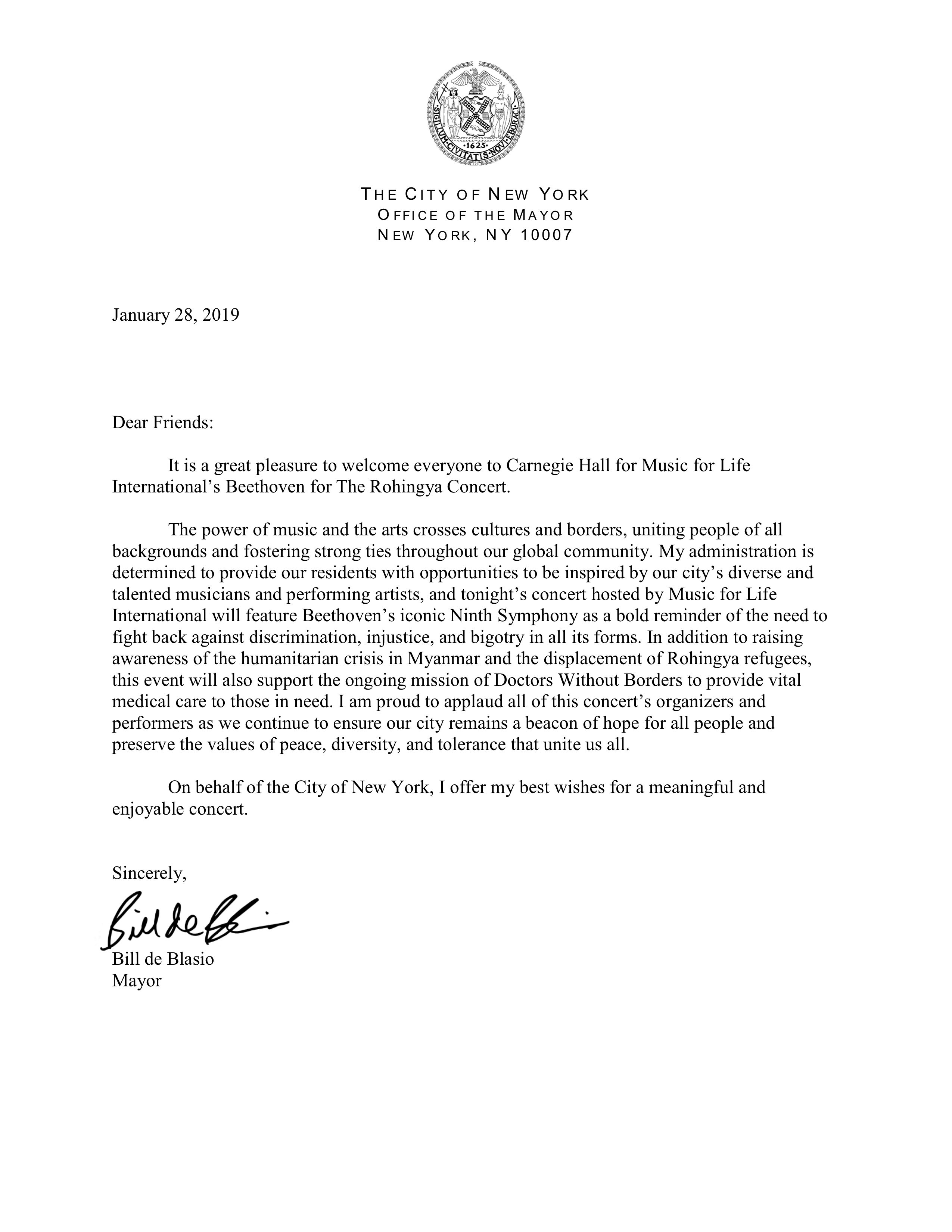 Mayor's Message Bill de Blasio for Carnegie Hall